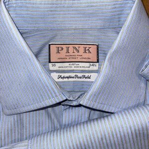 Thomas Pink Shirt Men 16 34.5 Blue Striped French Cuff Jermyn Street‎ London